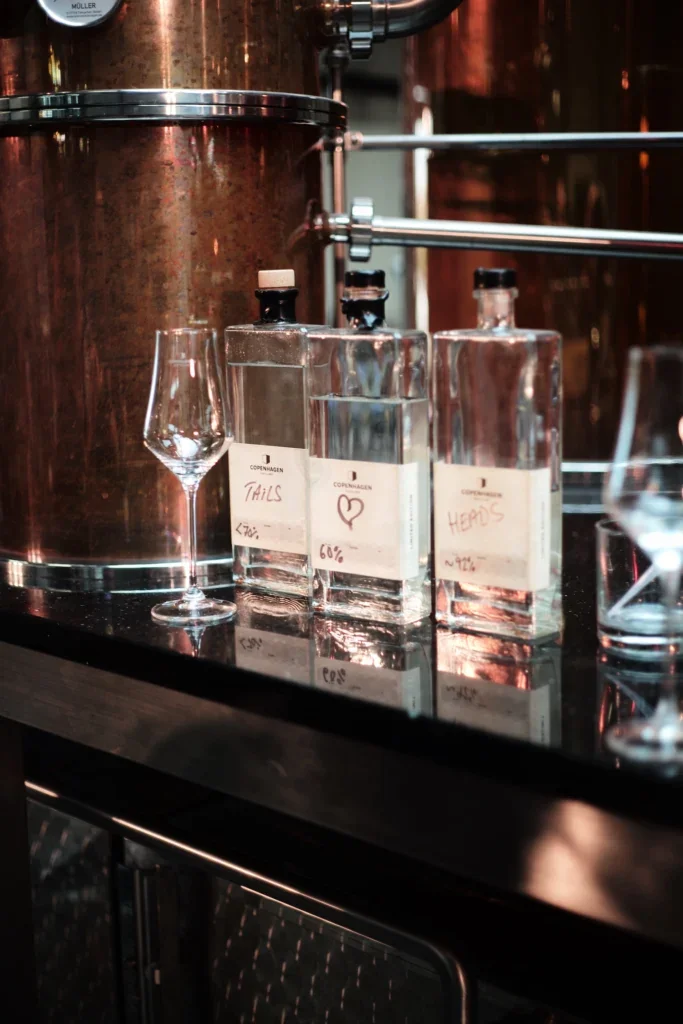 bottles of new make spirit at Copenhagen Distillery
