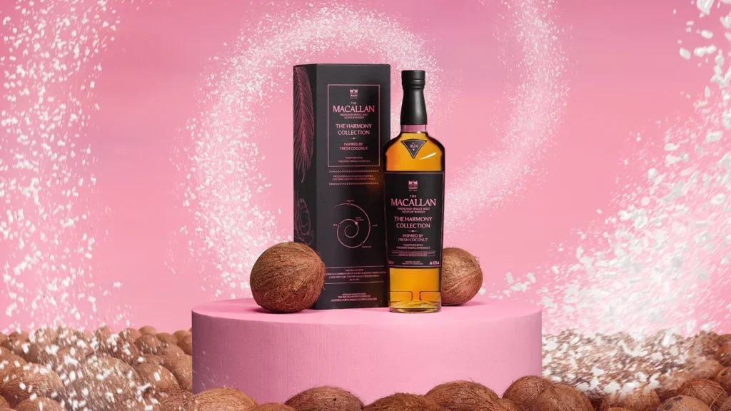 A Macallan whisky bottle and a coconut