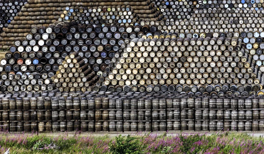 Whisky casks in storage